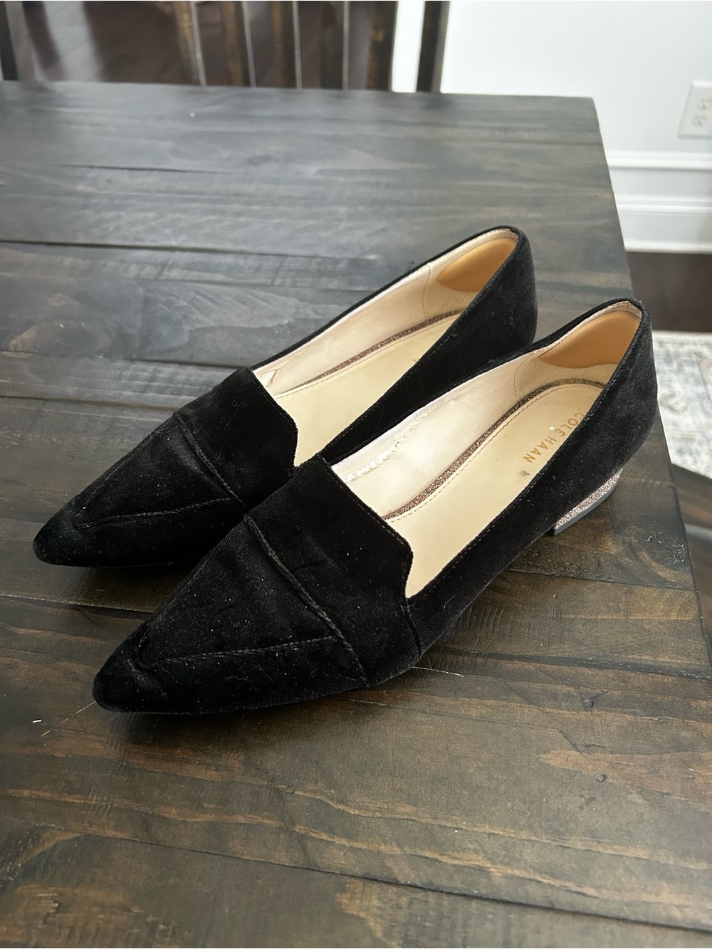 Cole Haan Black Suede Pointed Toe Loafers with Sparkle Heels